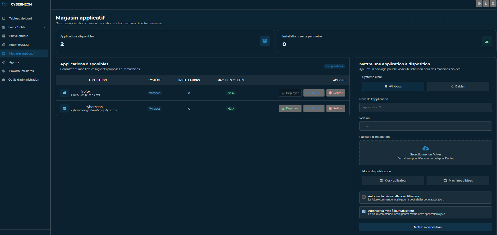 Gestion du kiosque applicatif